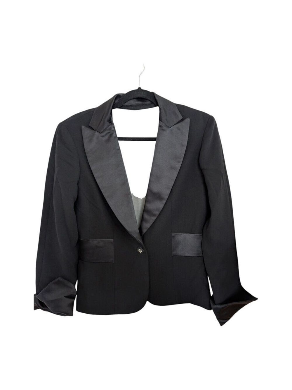 VTG Carina Jacket Women Black w/Sheer Back Insert & Satin Accents Size 8 Flaw
